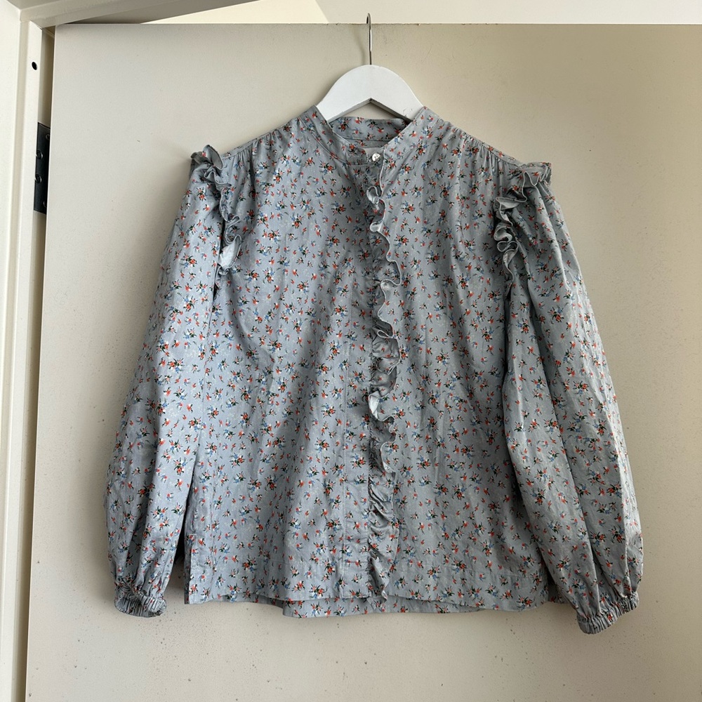 Something Navy Floral Button Down Ruffle Top - image 2
